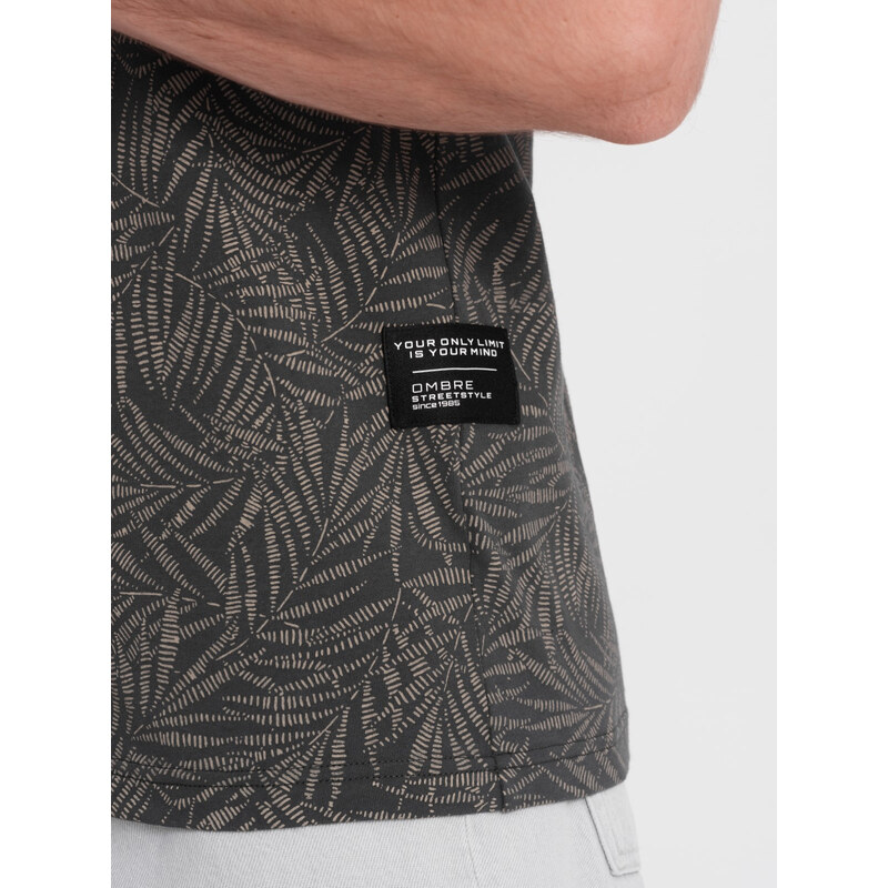 Ombre Tricou bărbătesc cu imprimeu complet în frunze de palmier - grafit V4 OM-TSFP-0182