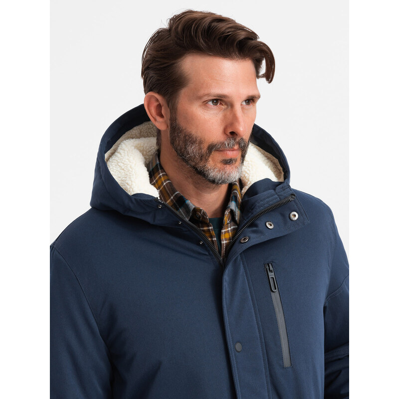 Ombre Jachetă lungă sherpa parka pentru bărbați – albastru marin V2 OM-JALJ-0181