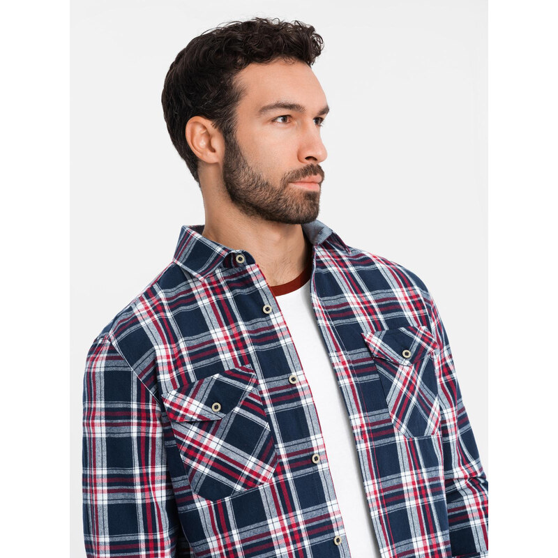 Ombre Cămașă bărbătească din flanelă cu buzunare cu nasturi - roșu și bleumarin OM-SHCS-0137