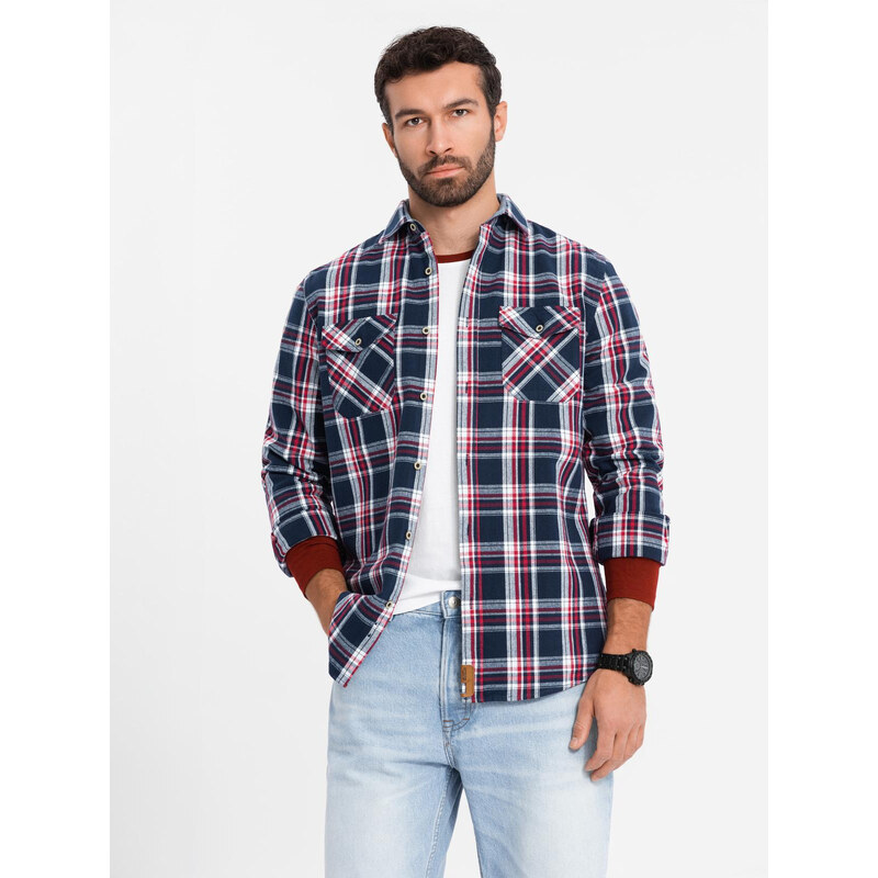 Ombre Cămașă bărbătească din flanelă cu buzunare cu nasturi - roșu și bleumarin OM-SHCS-0137