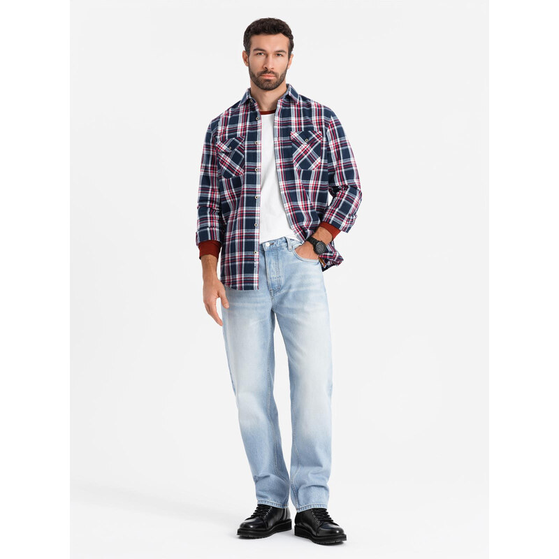 Ombre Cămașă bărbătească din flanelă cu buzunare cu nasturi - roșu și bleumarin OM-SHCS-0137
