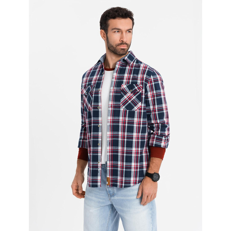 Ombre Cămașă bărbătească din flanelă cu buzunare cu nasturi - roșu și bleumarin OM-SHCS-0137
