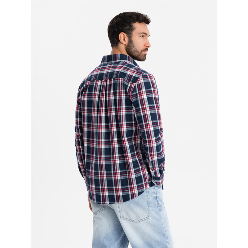 Ombre Cămașă bărbătească din flanelă cu buzunare cu nasturi - roșu și bleumarin OM-SHCS-0137