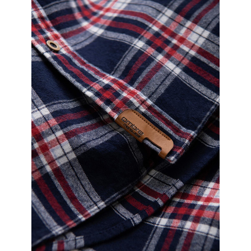 Ombre Cămașă bărbătească din flanelă cu buzunare cu nasturi - roșu și bleumarin OM-SHCS-0137