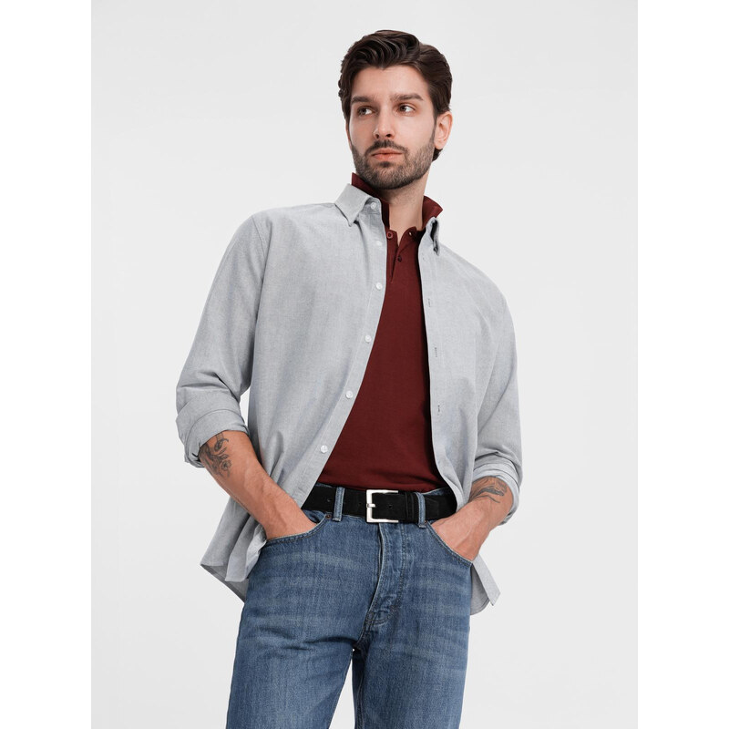 Ombre Cămașă oxford elegantă pentru bărbați cu broderie - gri deschis V2 OM-SHOS-0172