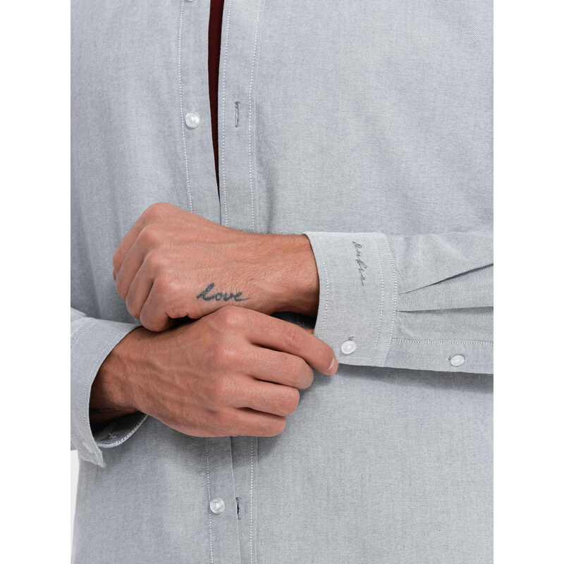 Ombre Cămașă oxford elegantă pentru bărbați cu broderie - gri deschis V2 OM-SHOS-0172