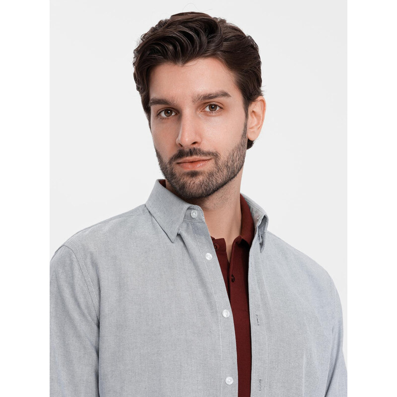 Ombre Cămașă oxford elegantă pentru bărbați cu broderie - gri deschis V2 OM-SHOS-0172