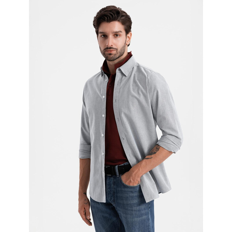 Ombre Cămașă oxford elegantă pentru bărbați cu broderie - gri deschis V2 OM-SHOS-0172