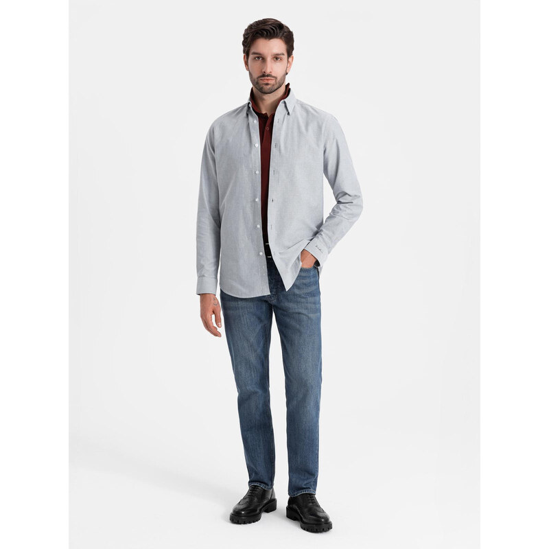 Ombre Cămașă oxford elegantă pentru bărbați cu broderie - gri deschis V2 OM-SHOS-0172