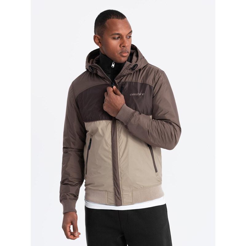 Ombre Jachetă sport ușoară colorată pentru bărbați cu fleece - bej și maro închis V19 OM-JANP-0194