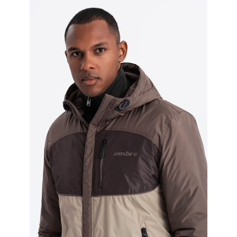 Ombre Jachetă sport ușoară colorată pentru bărbați cu fleece - bej și maro închis V19 OM-JANP-0194