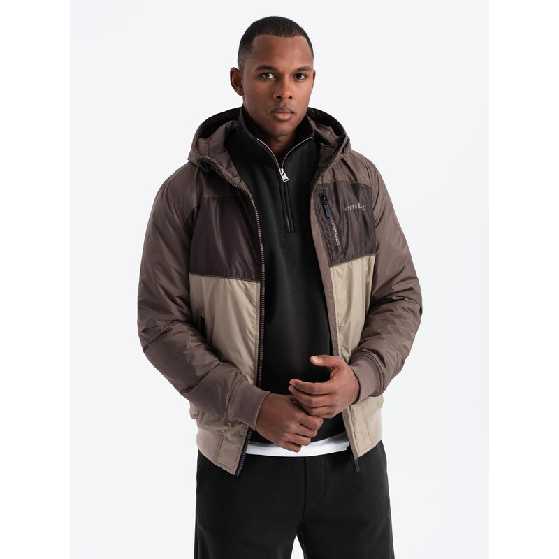Ombre Jachetă sport ușoară colorată pentru bărbați cu fleece - bej și maro închis V19 OM-JANP-0194