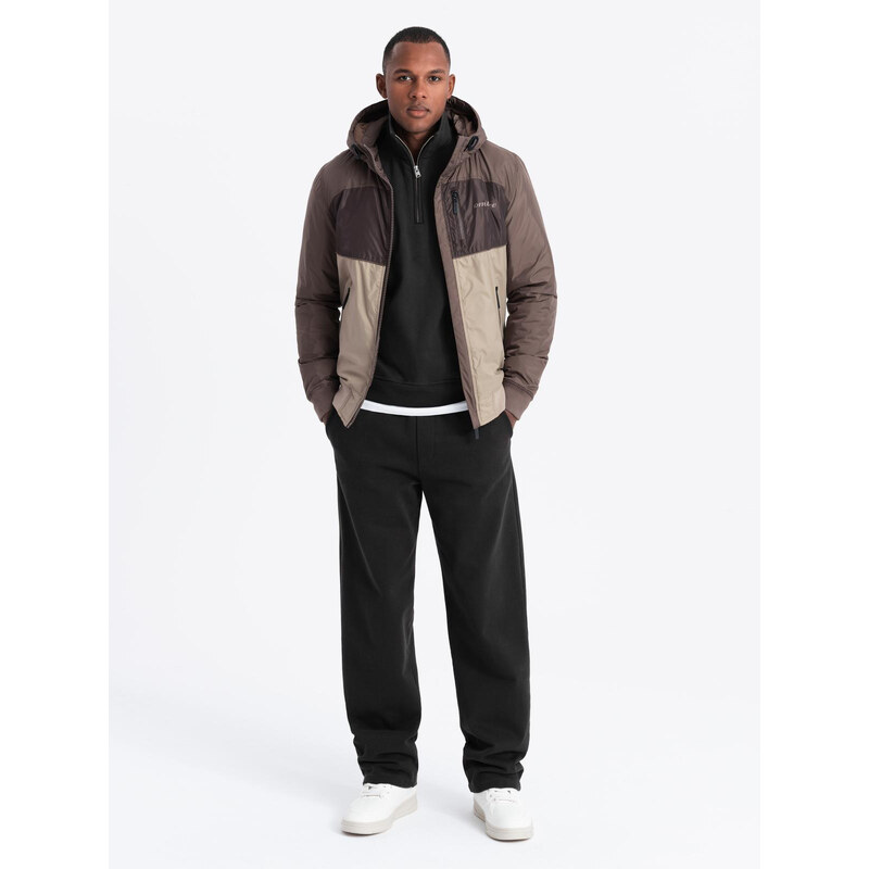 Ombre Jachetă sport ușoară colorată pentru bărbați cu fleece - bej și maro închis V19 OM-JANP-0194