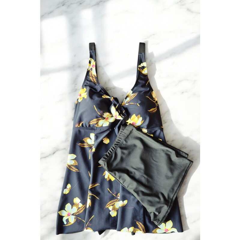 embody Costum de baie marime mare, tankini, 2 piese, fusta si pantaloni scurti, yellow flowers w139