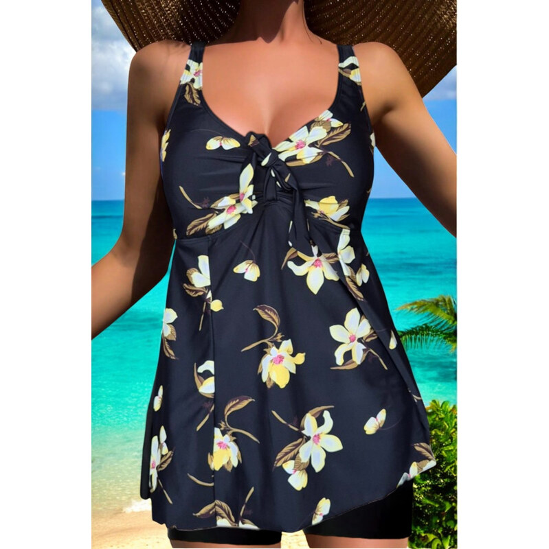 embody Costum de baie marime mare, tankini, 2 piese, fusta si pantaloni scurti, yellow flowers w139