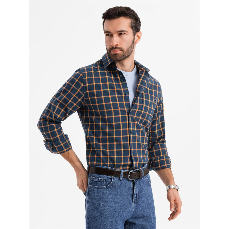 Ombre Cămașă de flanelă cu carouri SLIM FIT pentru bărbați - albastru marin și portocaliu V1 OM-SHCS-0145
