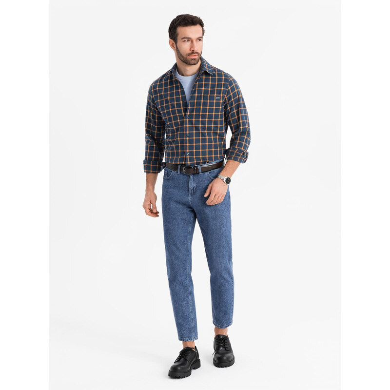 Ombre Cămașă de flanelă cu carouri SLIM FIT pentru bărbați - albastru marin și portocaliu V1 OM-SHCS-0145