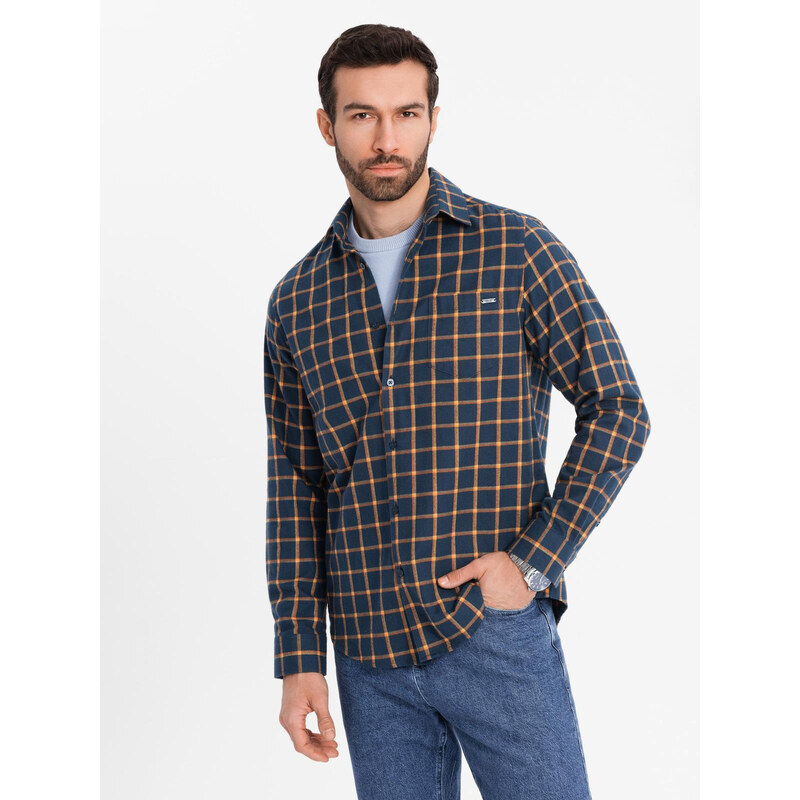 Ombre Cămașă de flanelă cu carouri SLIM FIT pentru bărbați - albastru marin și portocaliu V1 OM-SHCS-0145