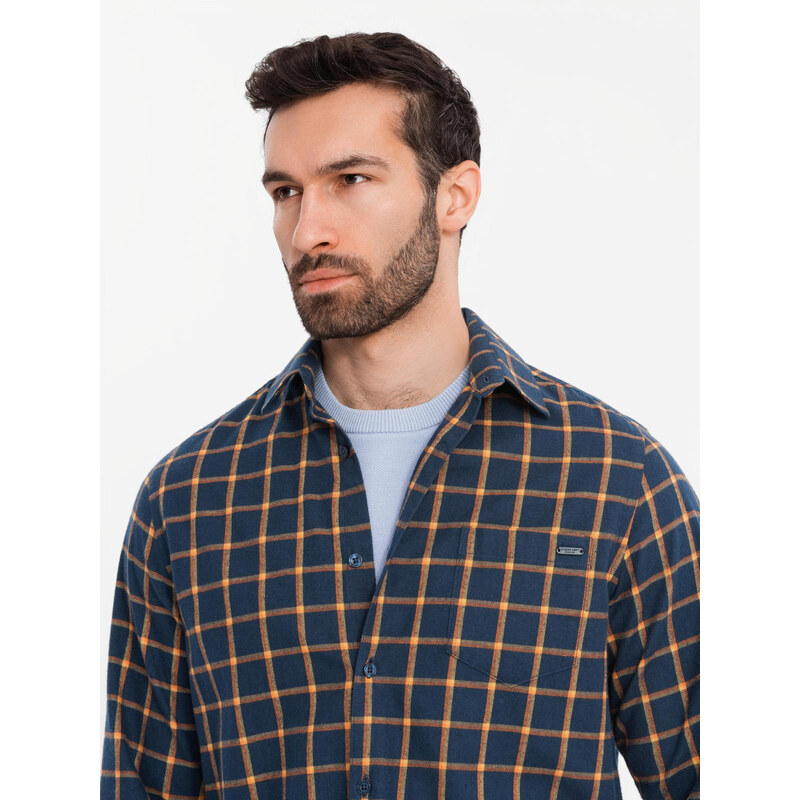 Ombre Cămașă de flanelă cu carouri SLIM FIT pentru bărbați - albastru marin și portocaliu V1 OM-SHCS-0145