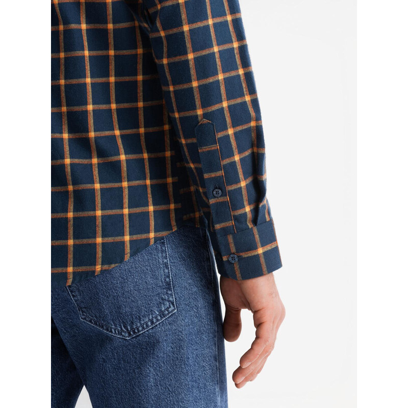 Ombre Cămașă de flanelă cu carouri SLIM FIT pentru bărbați - albastru marin și portocaliu V1 OM-SHCS-0145