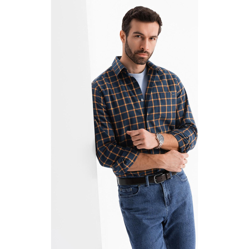 Ombre Cămașă de flanelă cu carouri SLIM FIT pentru bărbați - albastru marin și portocaliu V1 OM-SHCS-0145