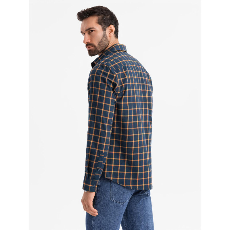 Ombre Cămașă de flanelă cu carouri SLIM FIT pentru bărbați - albastru marin și portocaliu V1 OM-SHCS-0145