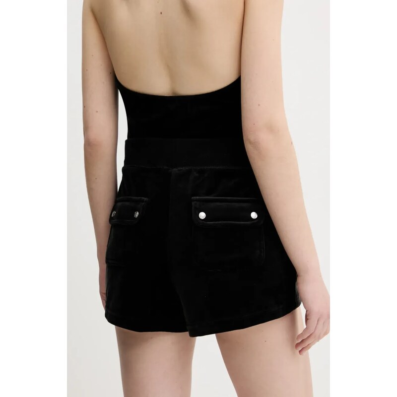 Juicy Couture pantaloni scurți de catifea EVE POCKET femei, culoarea negru, uni, medium waist, JCBHS224801