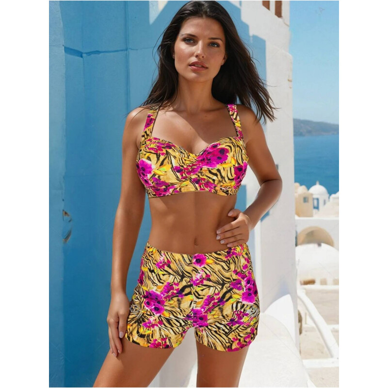 embody Costum baie dama 2 piese, marime mare, slipi tip pantaloni scurti, pink roses 22092