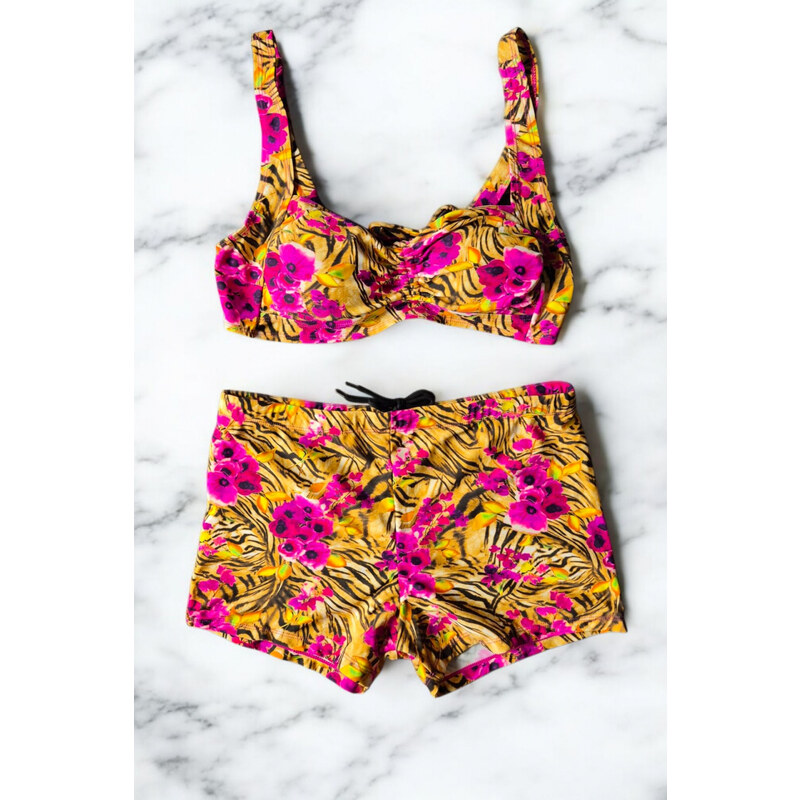 embody Costum baie dama 2 piese, marime mare, slipi tip pantaloni scurti, pink roses 22092