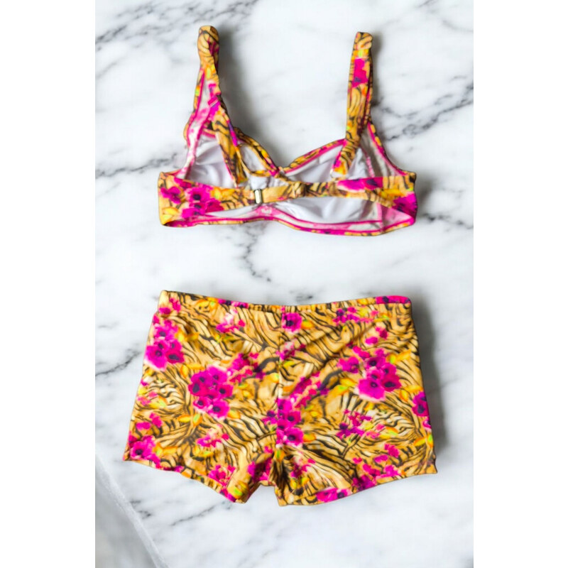 embody Costum baie dama 2 piese, marime mare, slipi tip pantaloni scurti, pink roses 22092