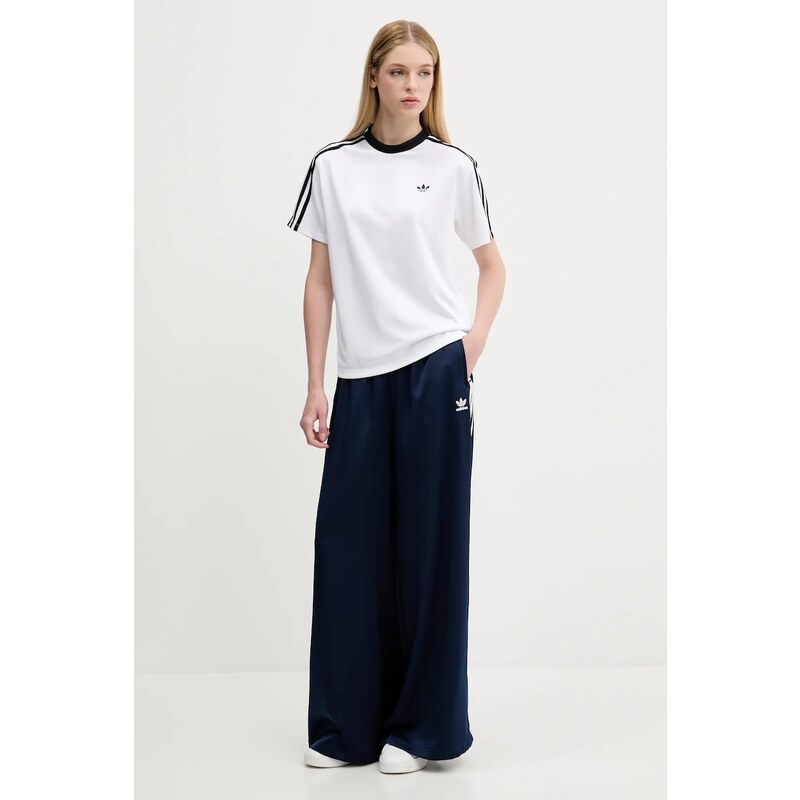adidas Originals pantaloni de trening Adicolor Satin Wide Leg culoarea bleumarin, cu imprimeu, JD0881