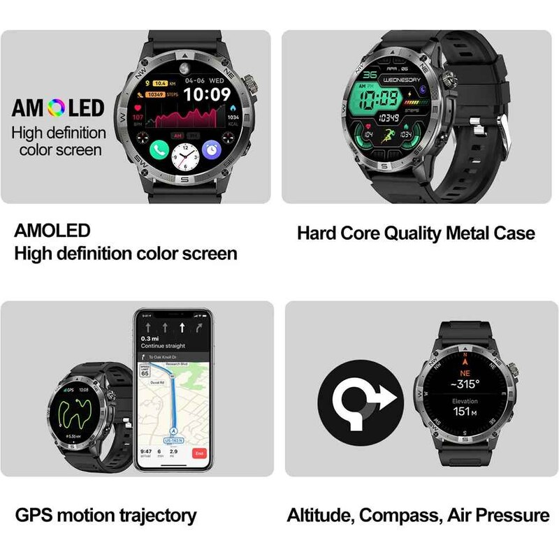 NORTH EDGE HK08 Smartwatch GPS 1.43 AMOLED, Bluetooth Call, Altimetru ...