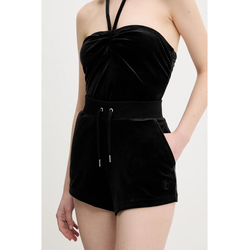 Juicy Couture pantaloni scurți de catifea EVE POCKET femei, culoarea negru, uni, medium waist, JCBHS224801