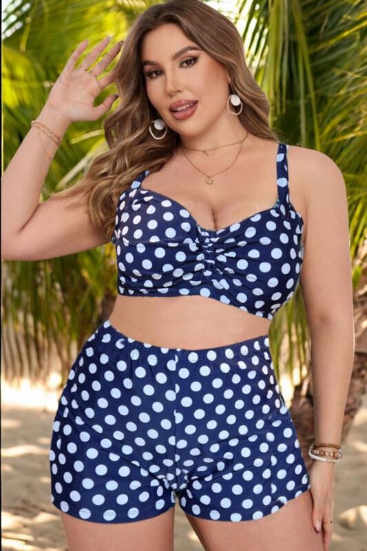 embody Costum de baie 2 piese, marime mare, slipi tip pantaloni scurti, sutien bustiera, bleumarin dots 7128
