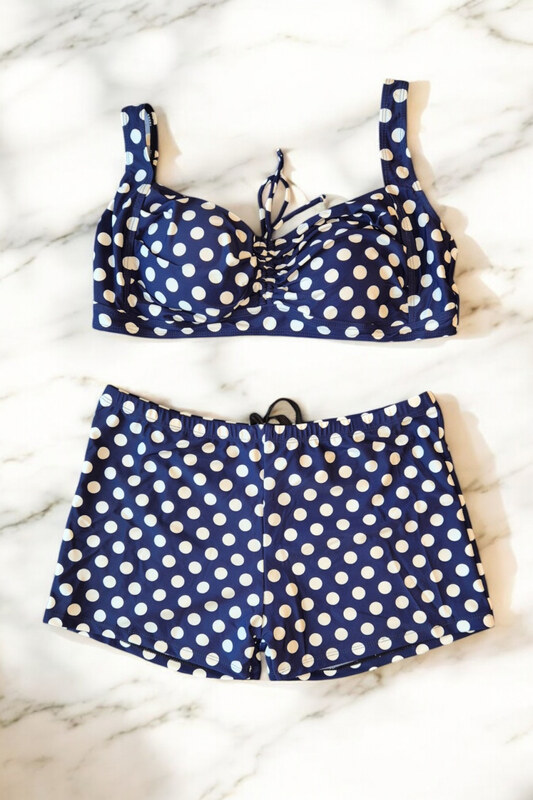 embody Costum de baie 2 piese, marime mare, slipi tip pantaloni scurti, sutien bustiera, bleumarin dots 7128