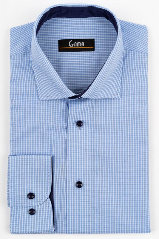 GAMA Camasa barbati regular fit bleu cu caro alb si albastru-deschis