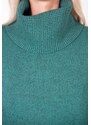 Urbanelle Pulover verde din tricot cu guler inalt si buzunare