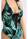 embody Costum de baie dama intreg, imprimeu tropical, snur reglabil, verde inchis, dama, Exotic Black