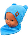 Baby Nellys Cu nervuri cu două straturi pălărie cu mânere + TEDDY eșarfă - albastru