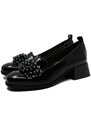 Florentinii Pantofi dama cu buchet de ciucuri decorativi, negri, din lac FLO613N-L