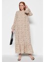 Trendyol Dark Beige Floral Patterned Woven Cotton Dress with Flounce Detail on the Sleeves