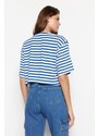 Trendyol Navy Striped Relaxed/Wide Comfortable Cut Crop Crew Neck Knitted T-Shirt