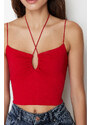 Trendyol Red Halterneck Spaghetti Strappy Cotton Stretchy Crop Knitted Undershirt