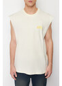 Trendyol Stone Oversize/Wide Cut Crew Neck Text Printed 100% Cotton Undershirt