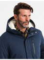 Ombre Jachetă lungă sherpa parka pentru bărbați – albastru marin V2 OM-JALJ-0181