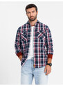 Ombre Cămașă bărbătească din flanelă cu buzunare cu nasturi - roșu și bleumarin OM-SHCS-0137