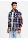 Ombre Cămașă bărbătească din flanelă cu buzunare cu nasturi - roșu și bleumarin OM-SHCS-0137