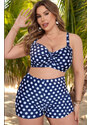 embody Costum de baie 2 piese, marime mare, slipi tip pantaloni scurti, sutien bustiera, bleumarin dots 7128