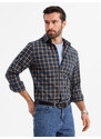 Ombre Cămașă de flanelă cu carouri SLIM FIT pentru bărbați - albastru marin și portocaliu V1 OM-SHCS-0145