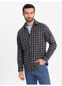 Ombre Cămașă de flanelă cu carouri SLIM FIT pentru bărbați - albastru marin și portocaliu V1 OM-SHCS-0145